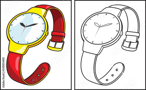 Coloring book cute wristwatch. Coloring page and colorful clipart character. Vector cartoon illustration.