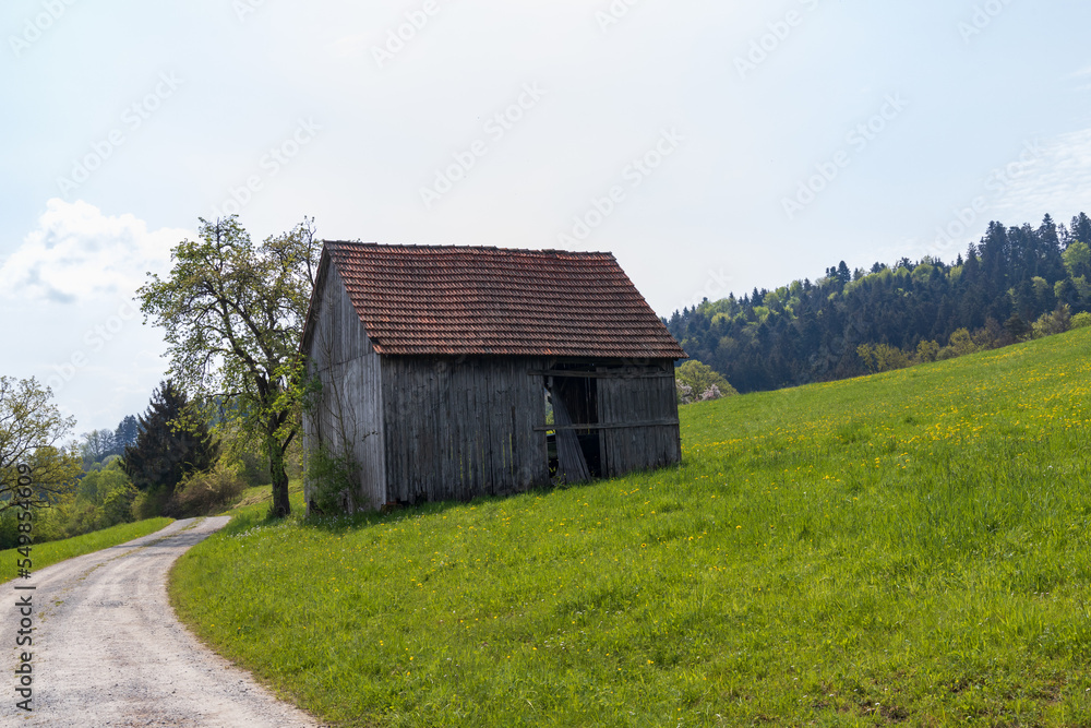 Gravel road to an old wooden Barn in Germany