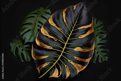 Illustration of a black and gold tree leaf isolated on a black background