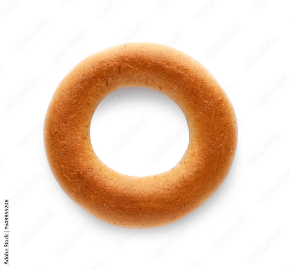 Tasty dry bagel (sushki) on white background, top view Tasty dry bagel (sushki) on white background, top view
