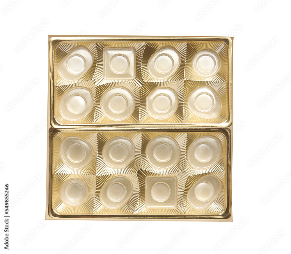 Empty box of chocolate candies isolated on white, top view Empty box of chocolate candies isolated on white, top view