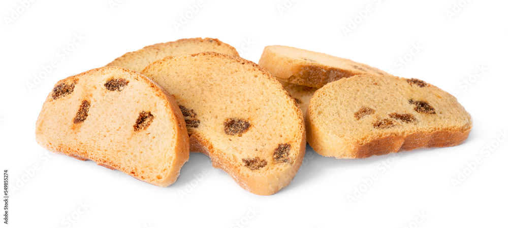 Sweet hard chuck crackers with raisins on white background Sweet hard chuck crackers with raisins on white background
