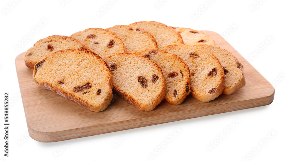 Sweet hard chuck crackers with raisins on white background Sweet hard chuck crackers with raisins on white background
