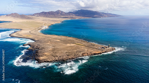 Aerial view of the lighthouse of Punta Jandia at the southermost tip of Fuerteventura in the Canary Islands, Spain - Completed in 1864, it is one of the oldest lighthouses in the Canaries