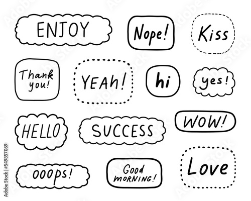 Cute hand drawn isolated speech bubbles set. Expression text NO, KISS, OOPS, YEAH, LOVE, THANK YOU, HELLO, SUCCESS, NOPE. Vector illustration