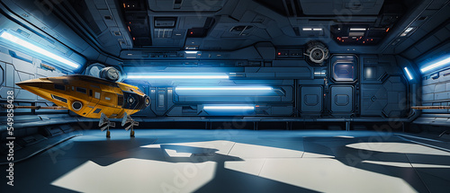 Artistic concept painting of a futuristic space station interior, background illustration.