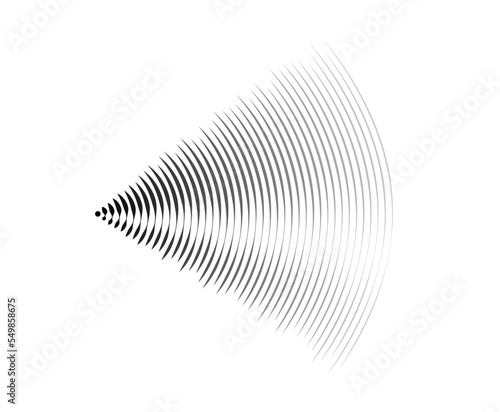 Sound wave signal. Radio or music audio concept. Epicentre or radar icon. Radial signal or vibration elements. Impulse curve lines. Concentric ripple semi circles. 
