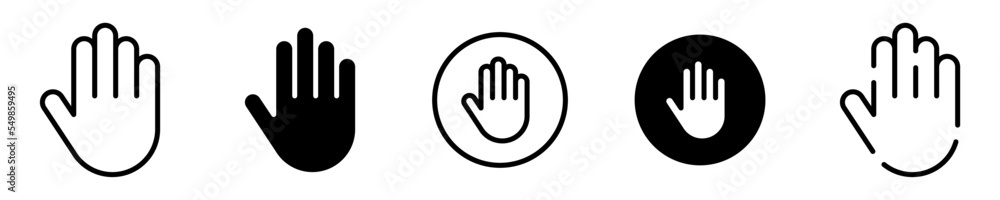 Conjunto de iconos de mano. Extremidad del cuerpo humano. Concepto de señal de pedir o detenerse. Mano completa de diferentes estilos. Ilustración vectorial Conjunto de iconos de mano. Extremidad del cuerpo humano. Concepto de señal de pedir o detenerse. Mano completa de diferentes estilos. Ilustración vectorial