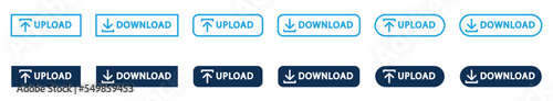 Conjunto de iconos de botón azul de cargar y descargar. Subir archivo, descargar archivo. Ilustración vectorial