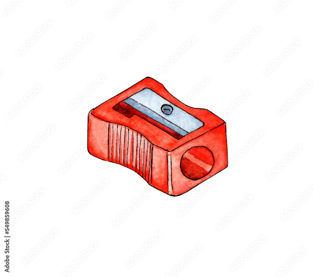 Watercolor illustration of a red pencil sharpener. Watercolor illustration of a red pencil sharpener.