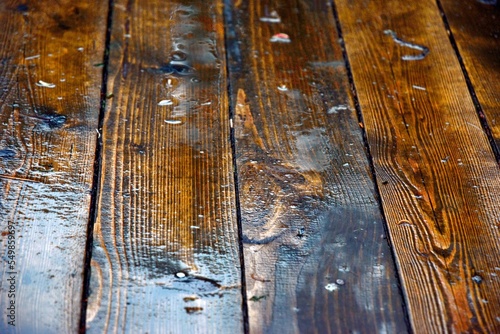 Texture of wet boards, water drops. Natural wood.