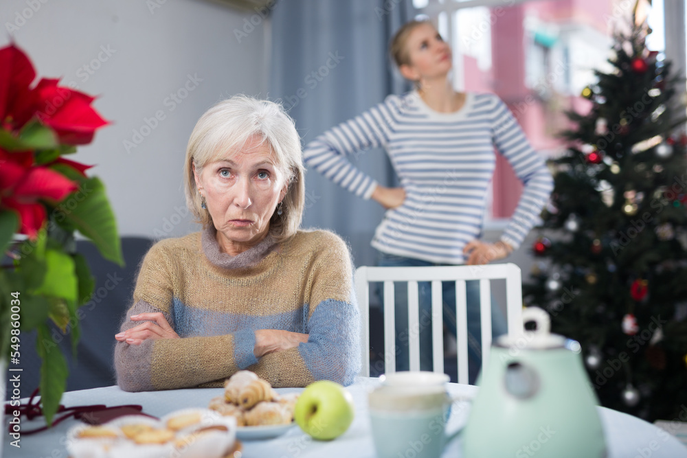 Domestic quarrel between an elderly mother and an adult daughter on Christmas holidays