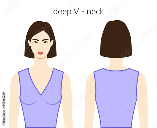 Deep V - neckline clothes character beautiful lady in lavanda top, shirt, dress technical fashion illustration with fitted body. Flat apparel template front, back sides. Women, men unisex CAD mockup