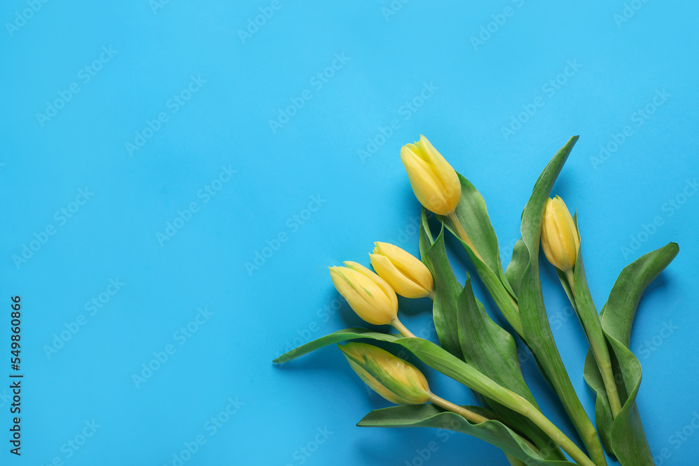 Naklejka premium Many beautiful tulips on blue background, flat lay. Space for text