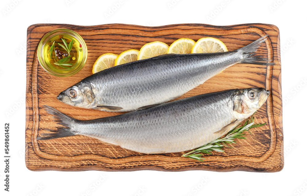 Wooden board with salted herrings, slices of lemon, oil and rosemary isolated on white, top view Wooden board with salted herrings, slices of lemon, oil and rosemary isolated on white, top view