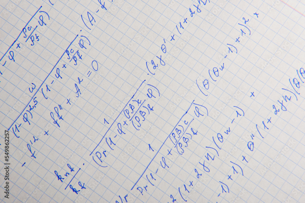 Paper with written mathematical calculations as background, closeup