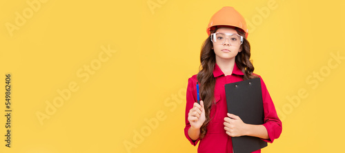 time to work. study at school. sight check. teen girl in protective glasses. child wear eyeglasses. Child builder in helmet horizontal poster design. Banner header, copy space.