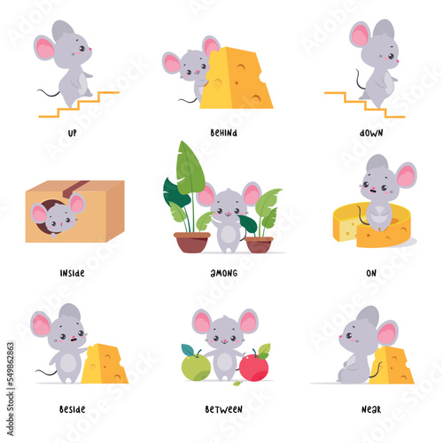 Little Mouse and English Language Preposition for Educational Activity Vector Set