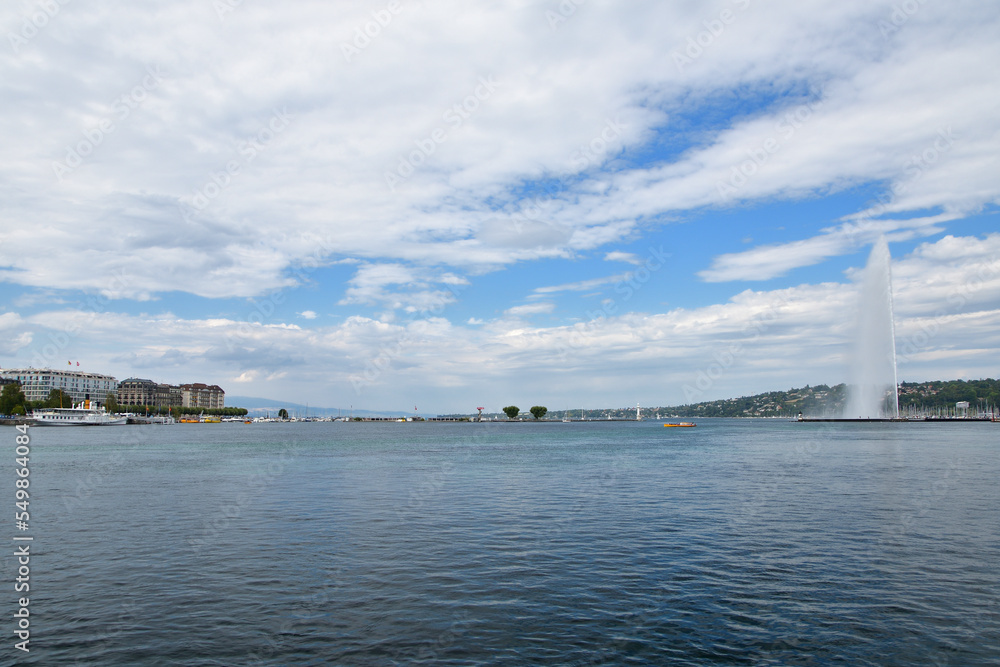 Switzerland, Geneva. Jet d'Eau (Water-Jet) on Lake Geneva. August 15, 2022.