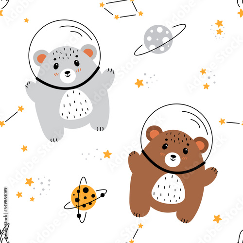 Seamless pattern with bear in space, bear astronaut, bear flying in space, children's illustrations on the theme of space