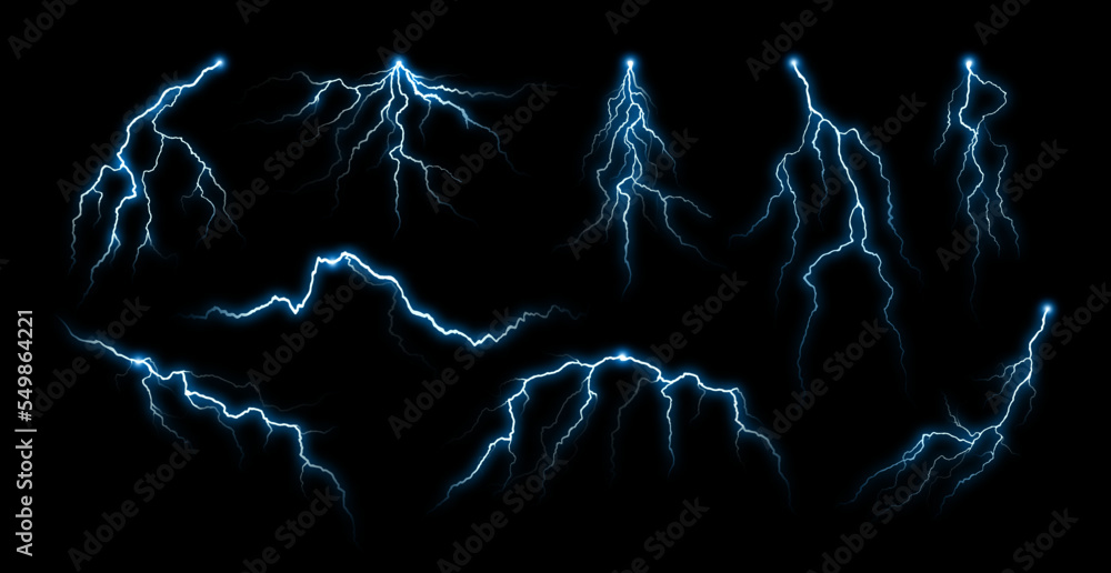 Lightning effect. Night thunderstorm rays, electric power charge and thunder strike isolated vector set - obrazy, fototapety, plakaty 