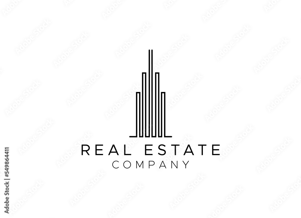Vector logo on which an abstract image of a tall skyscraper in a linear style.