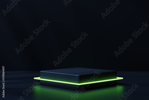Podium with neon glow on a black background, 3d render