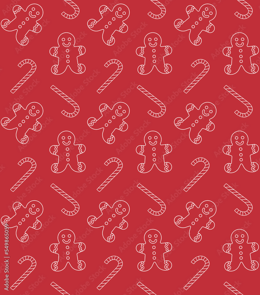 Vector seamless pattern of flat outline ginger bread cookie and mint sweet isolated on red background Vector seamless pattern of flat outline ginger bread cookie and mint sweet isolated on red background