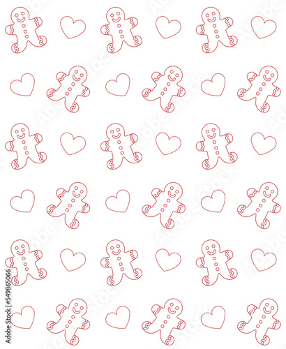 Vector seamless pattern of flat Christmas ginger bread man and hearts isolated on white background