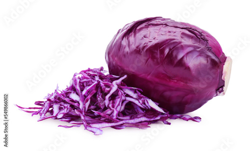 Whole and cut fresh ripe red cabbages on white background