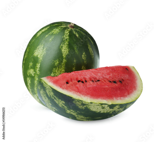 Whole and cut delicious ripe watermelon isolated on white