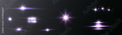 Set of light effects bright glowing light isolated on transparent background. Solar flare with rays and glare. Glow effect. Starburst with shimmering sparkles.