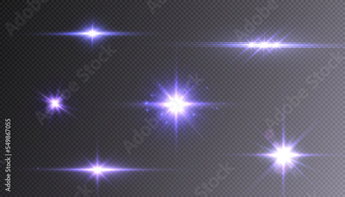 Set of light effects bright glowing light isolated on transparent background. Solar flare with rays and glare. Glow effect. Starburst with shimmering sparkles.