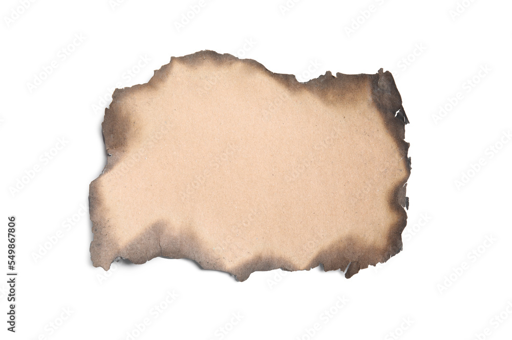 Piece of brown paper with dark burnt borders on white background, top view. Space for text Piece of brown paper with dark burnt borders on white background, top view. Space for text