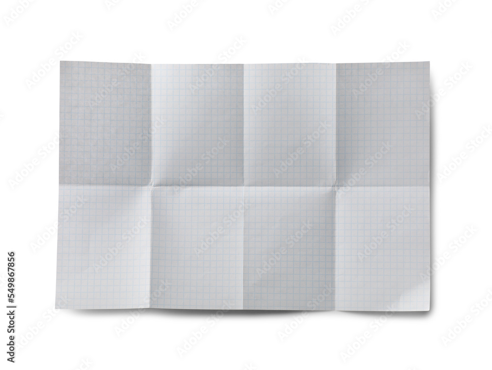Fototapeta premium Checkered sheet of paper with creases on white background, top view