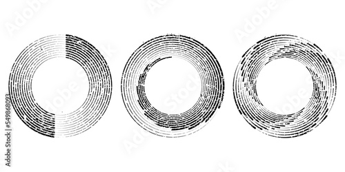 Set of grunge circle shapes. Background texture with vector stripes. Trendy defect frames. Distressed grungy effect. Grainy urban texture of stains, stripes, scratches. Retro overlay patter