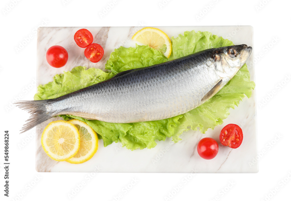 Board with salted herring, slices of lemon, lettuce and cherry tomatoes isolated on white, top view