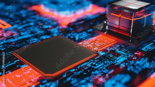 Abstract circuit board selective focus. red with blue that represents the heat in operation. Can be used text input or banner related to innovation and industry technology. 3D Render.