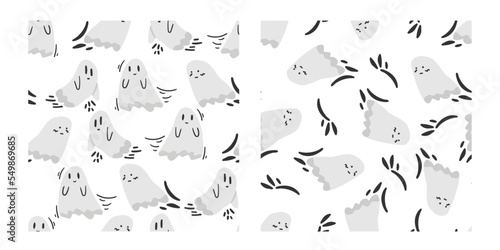 Fototapeta Naklejka Na Ścianę i Meble -  Childish Halloween seamless pattern. Halloween vector pattern with cartoon cute ghosts on white background. Perfect for Halloween party, card, event, stickers, wallpaper etc.