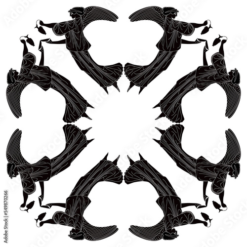 Geometrical shape or mandala with winged ancient Greek goddess Nike or Victory. Black and white silhouette.