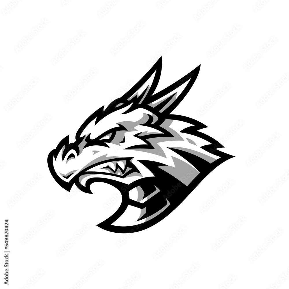 Black and white dragon mascot logo design. Dragon head cartoon illustration
