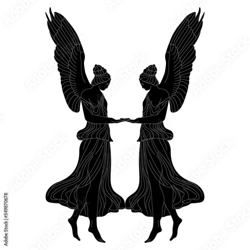 Symmetrical design with two winged antique goddesses or angels. Black and white negative silhouette.