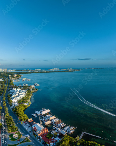 Aerial view of the beautiful coastline of Cancun, Mexico. Hotel zone. Sunset.