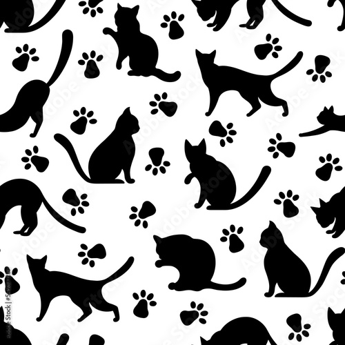 Silhouettes of black cats in various poses seamless vector pattern. Pets walk  play  hunt  sit  wash. Cute kittens and paw prints. Simple monochrome background with animals for fabric  wallpaper  web