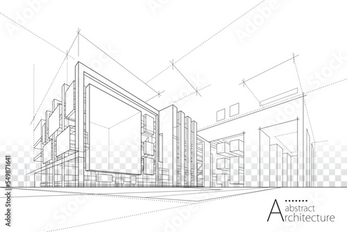 3D illustration abstract modern urban building out-line black and white drawing of imagination architecture building construction perspective design. 