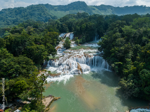 Aerial view of the waterfalls Agua Azul, Chiapas (Mexico). Panorama.