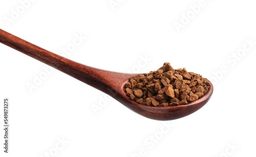 Wooden spoon with aromatic instant coffee isolated on white