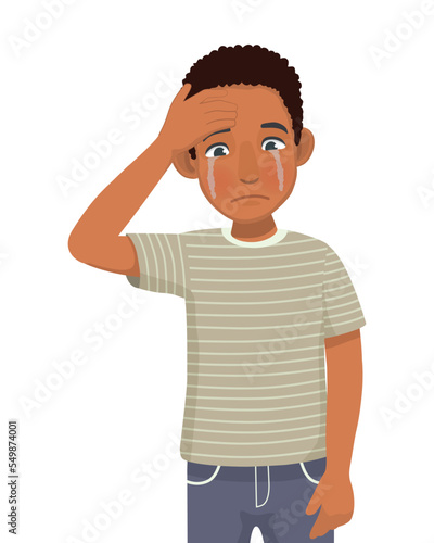 Young African man feeling sad, crying, broken heart, upset, tired and bored with hand on his forehead