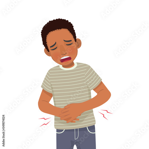 Young African man suffering from stomachache, diarrhea, indigestion problem, abdominal pain, food poisoning, nausea, gastritis or bloating