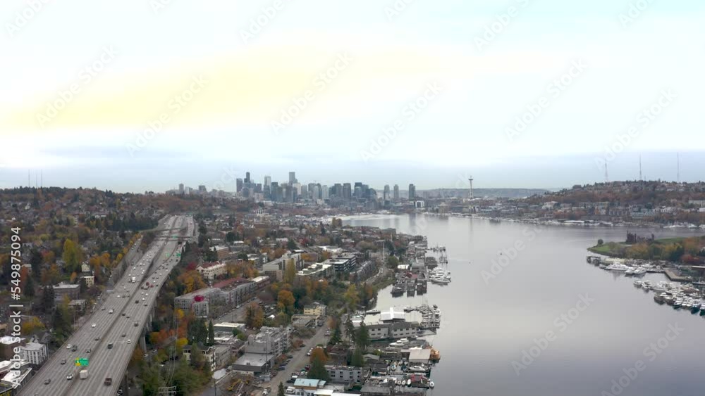 Wide drone view of vehicles traveling on I-5 in Seattle, Washington.